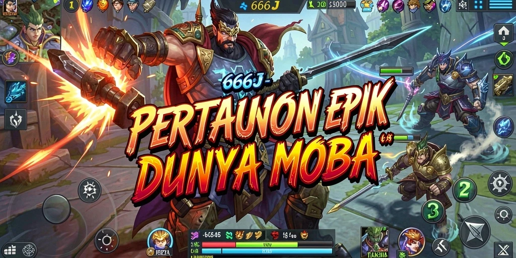 Screenshot utama 666J menampilkan pertempuran seru antar pahlawan MOBA.