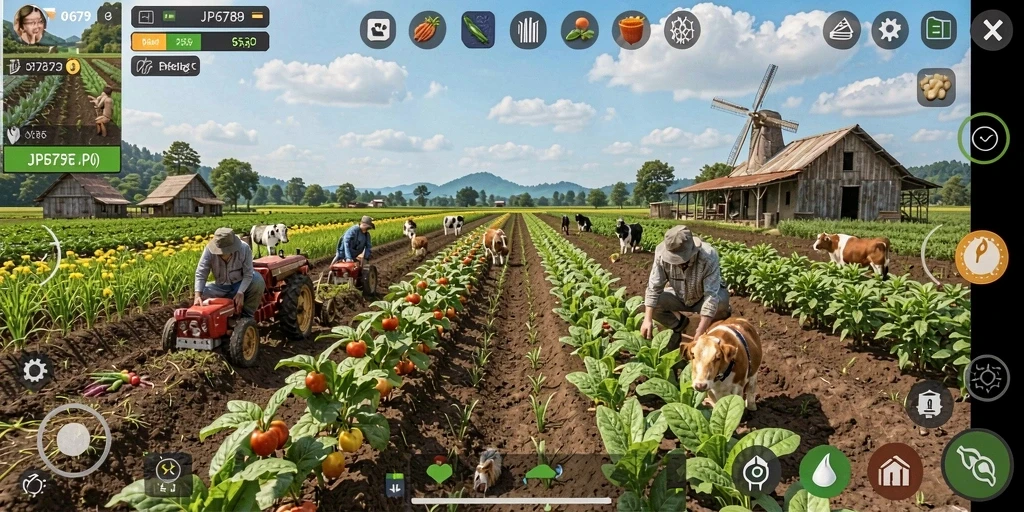 Tampilan gameplay JP6789 yang menunjukkan ladang yang dikelola dengan baik.