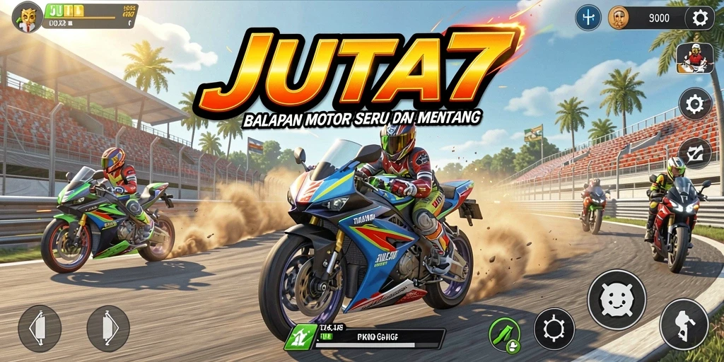 Tampilan gameplay seru JUTA7 dalam balapan motor.