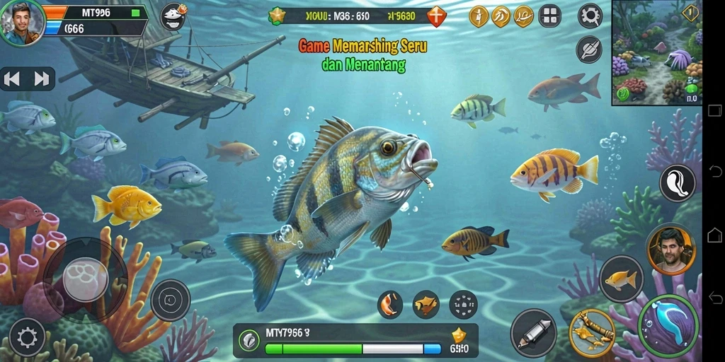 Tampilan gameplay seru MT966 saat memancing di danau.